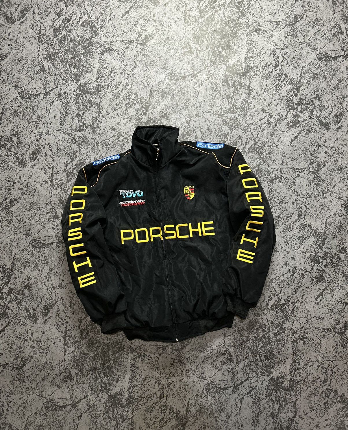 image of Porsche Design x Racing Vintage Racing Jacket Porsche Big Logo Black Bomber Toyo, Men's (Size Large