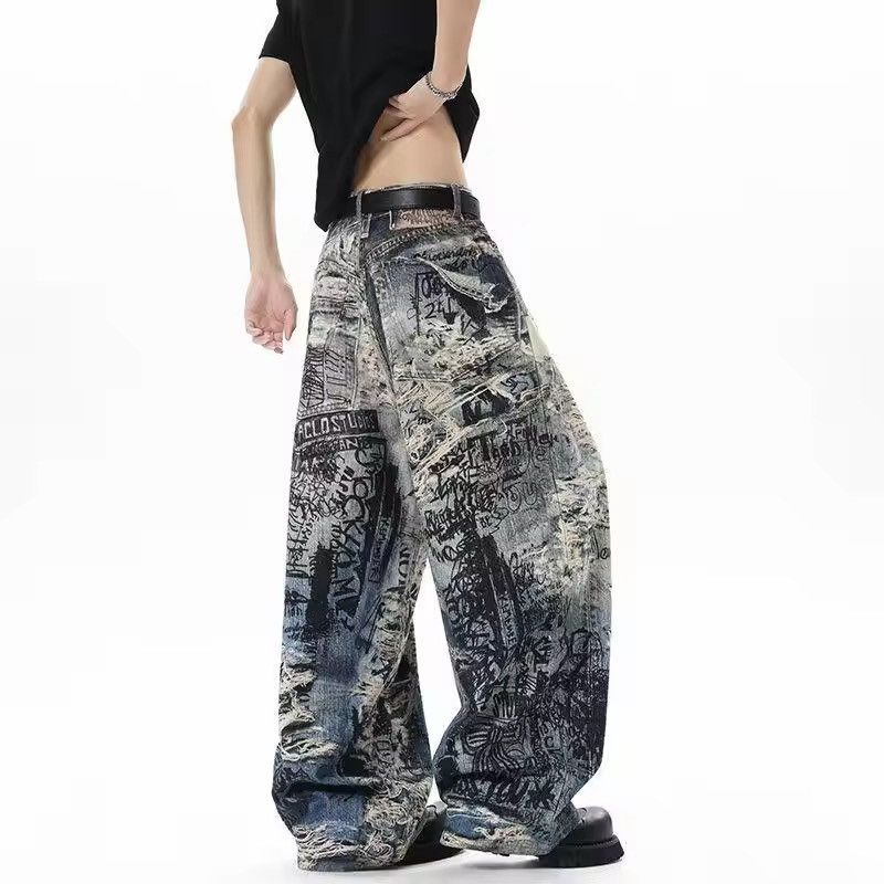 Japanese Brand Printed Distressed Denim Pants Wide-Leg, Graffiti Streetwear Size US 26 / EU 42 - 3 Thumbnail