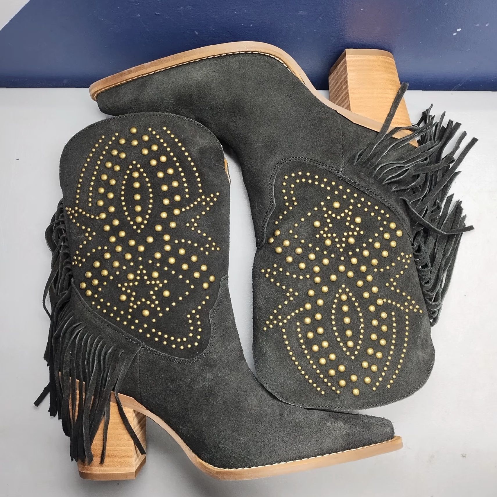 Vintage Dingo Star Power Western Boots Womens US 9M Black Leather Fringe Studded DI2357 NWOB Women Size 9 Western Boot Size US 9 / IT 39 - 4 Thumbnail