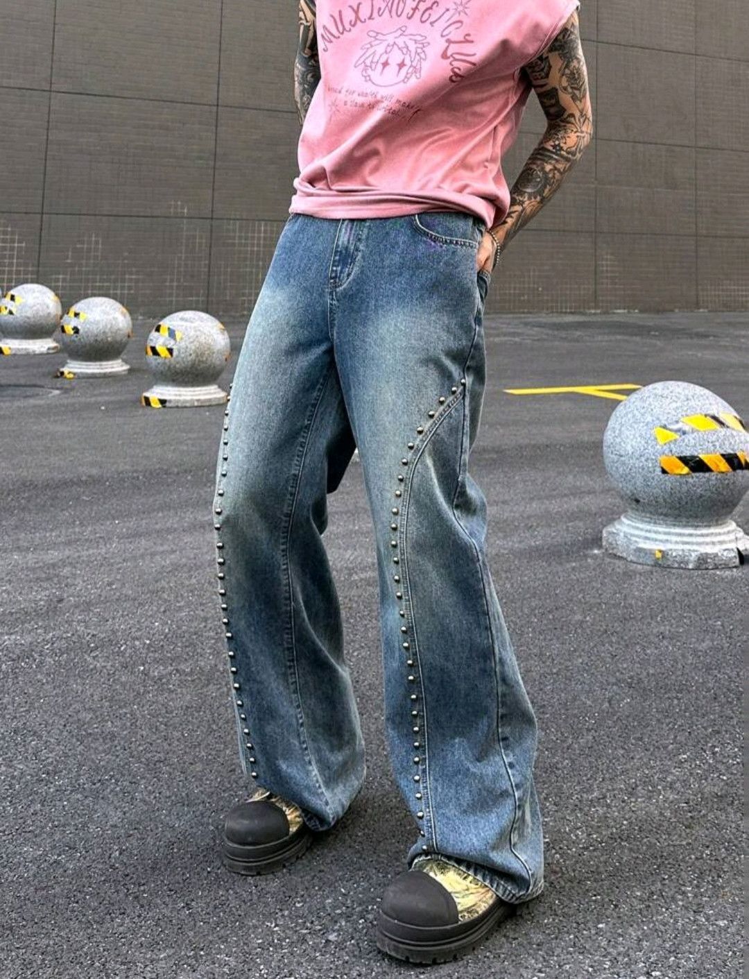 Jean Vintage Street Style Retro Washed Metal Stud Flared Jeans Size US 30 / EU 46 - 4 Thumbnail