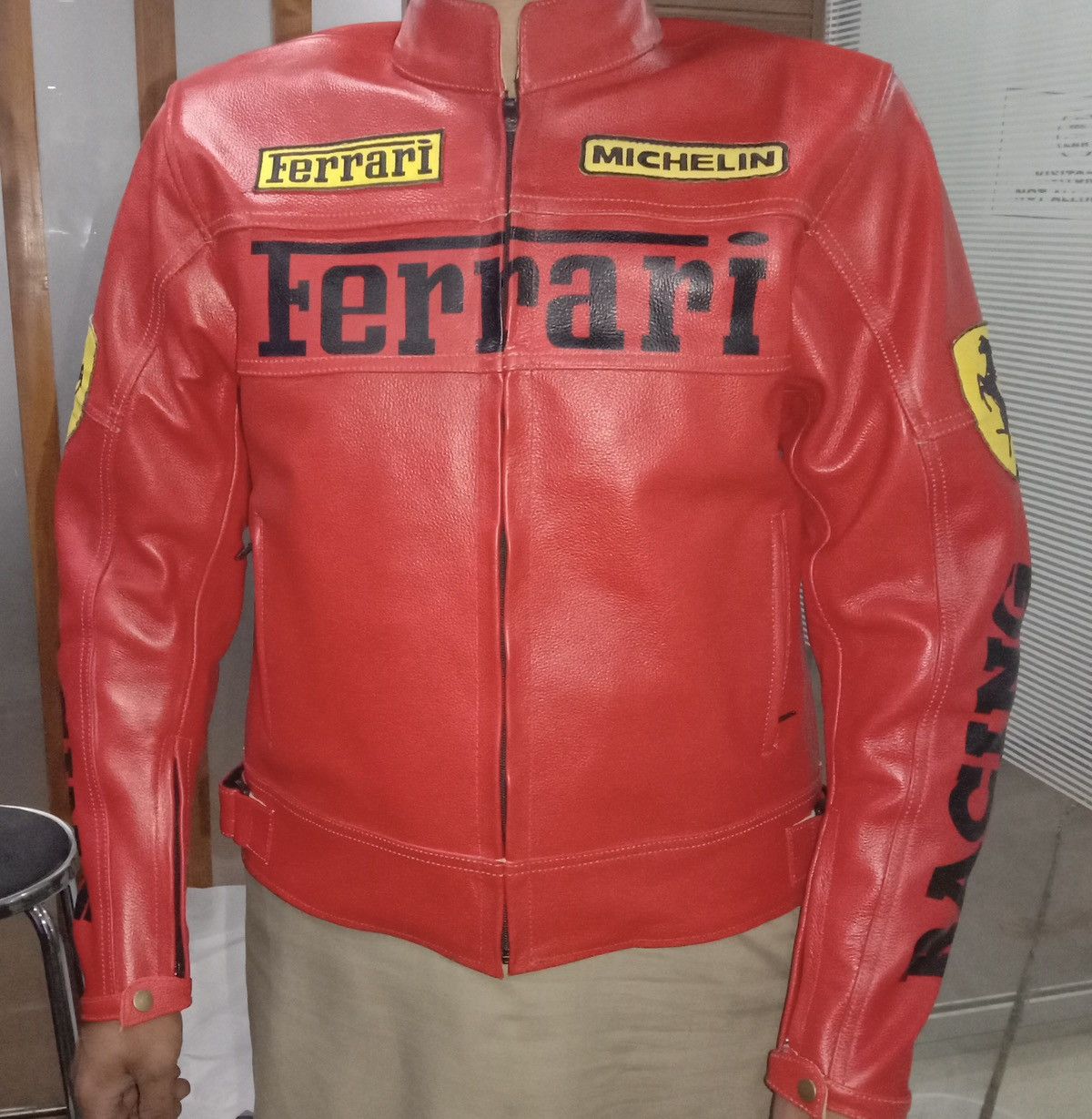 image of Genuine Leather Vintage Ferrari Motorcycle Racing Leather Jacket in Red, Men's (Size Small)