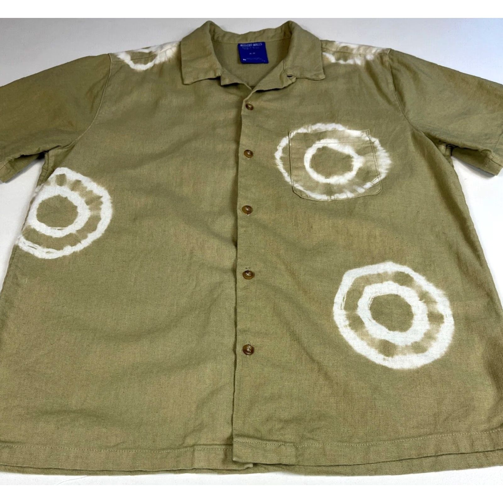 Walls Without Walls Shirt Men’s Camp Collar Shibori Dye Linen Cotton Blend Sz L Green Button-Up Short Sleeve Vintage Size US L / EU 52-54 / 3 - 6 Thumbnail
