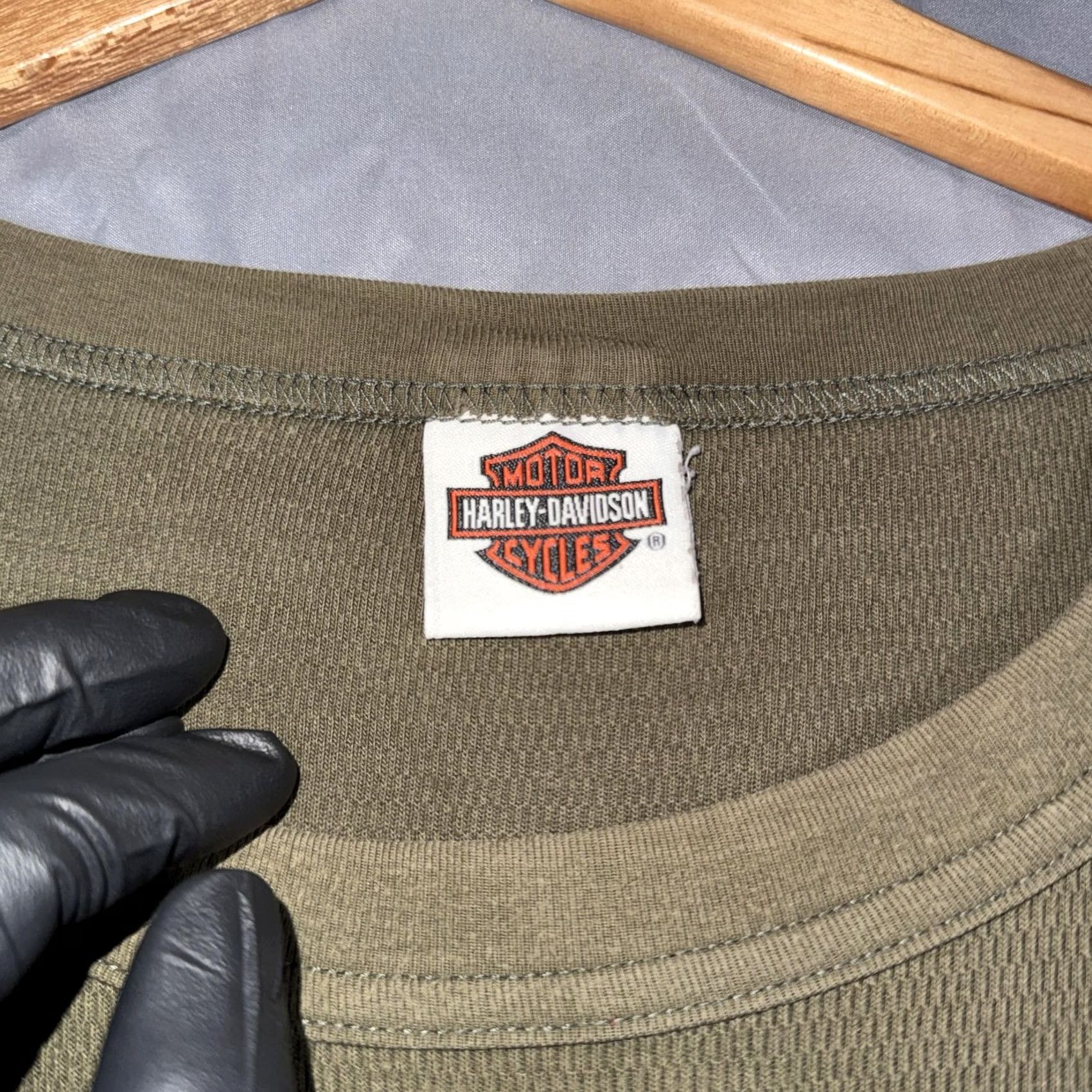 Harley Davidson Harley-Davidson Long Sleeve T-Shirt Olive Green 2XL Vintage Crew Neck Logo Graphic Print Mens Size US XXL / EU 58 / 5 - 3 Thumbnail