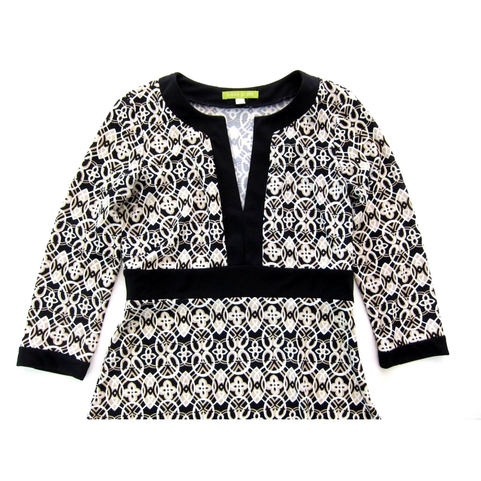 Vintage Sigrid Olsen Dress Geometric 3/4 Sleeve V-Neck Sheath Sigs Brand Black Brown White Woman Adult S Midi Floral Bohemian Clothing Women's Size S / US 4 / IT 40 - 3 Thumbnail