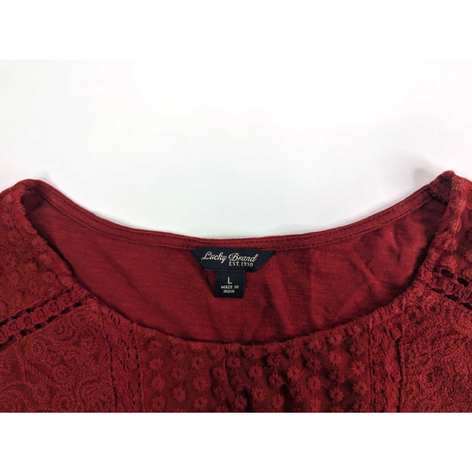 Lucky Brand Lucky Brand Blouse Shirt Long Sleeve Round Neck Red Burgundy Women L Lace Peasant Top Size L / US 10 / IT 46 - 6 Thumbnail