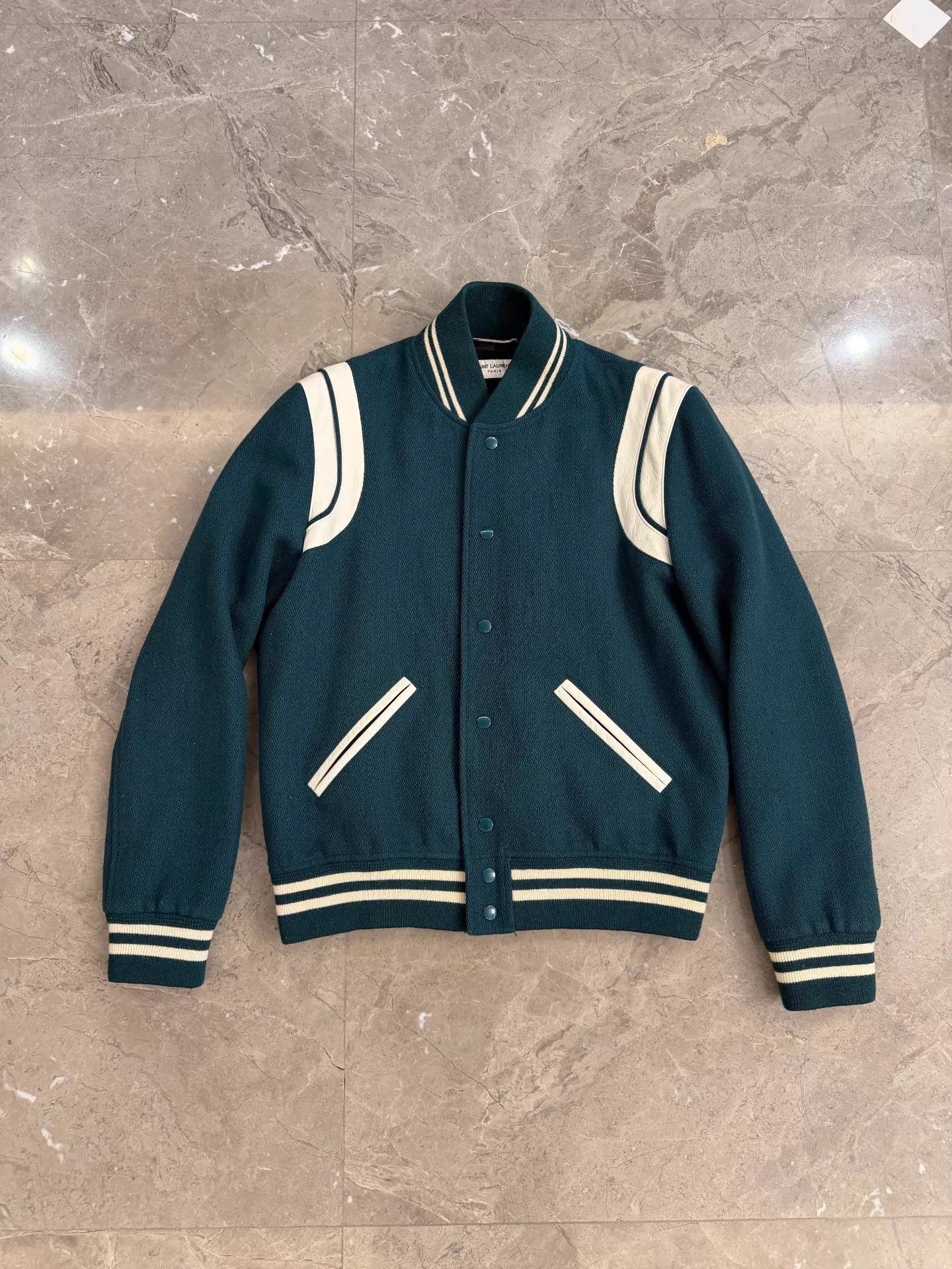 Saint Laurent Paris Green Varsity Bomber Jacket with White Accents Size US S / EU 44-46 / 1 - 1 Thumbnail