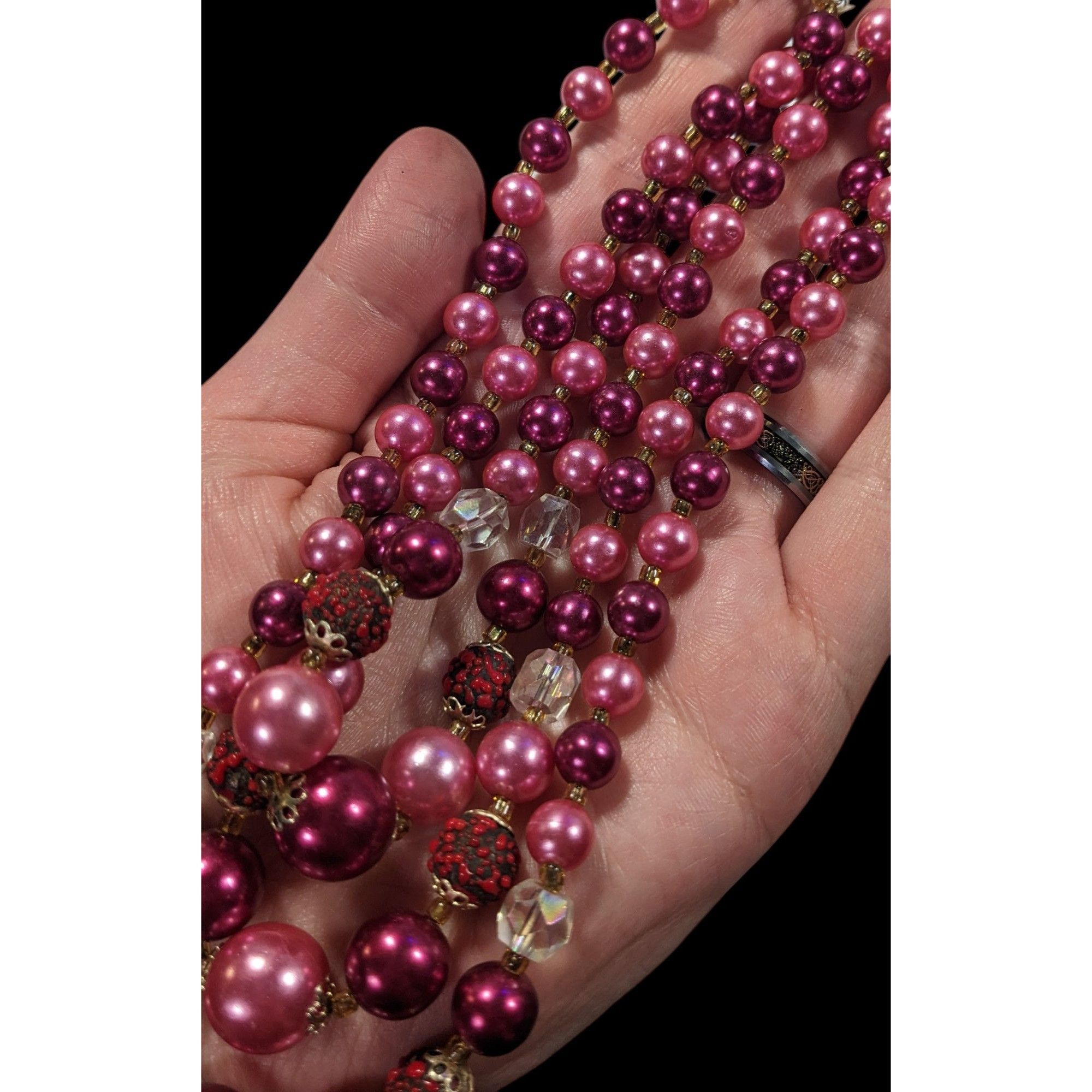 Other Vintage Japan Pink And Red Metallic Beaded Multilayer Neckla Size ONE SIZE - 4 Thumbnail