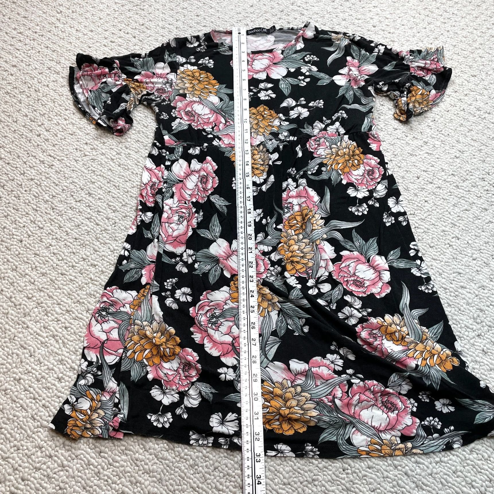 Boohoo VINTAGE Boohoo Shirt Dress Womens 6 Black 3/4 Sleeve Rayon Spandex Jersey Knee Length Floral Size M / US 6-8 / IT 42-44 - 2 Thumbnail