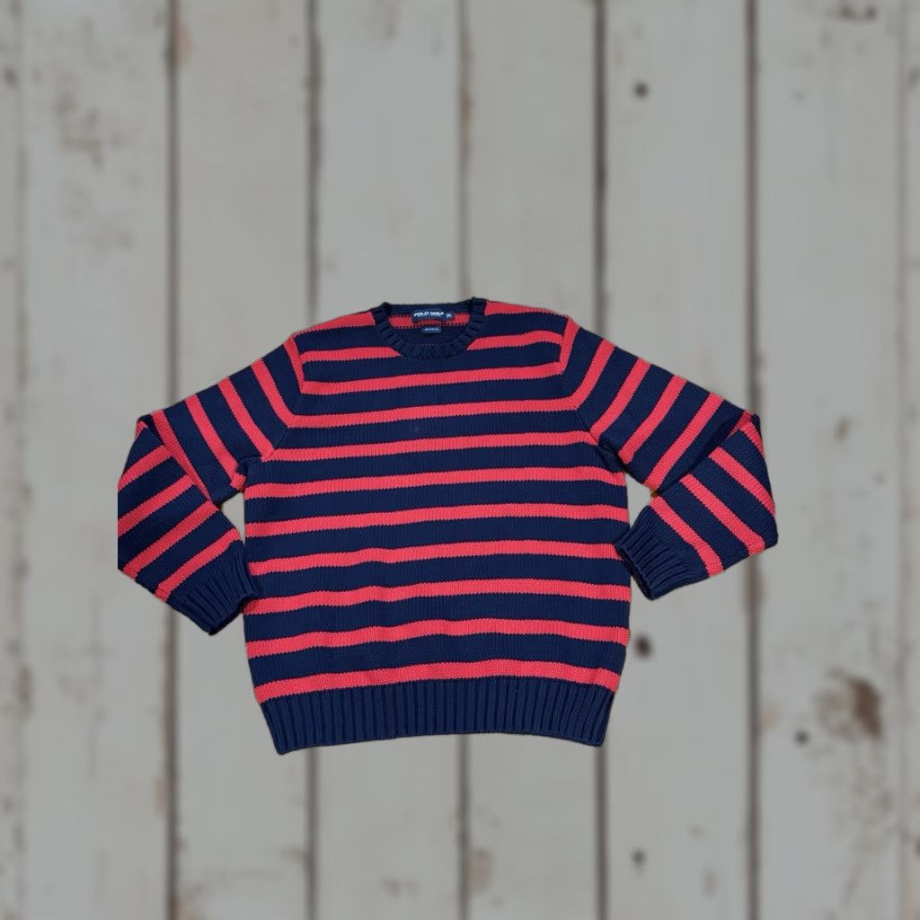 VINTAGE Polo Ralph Lauren Golf Sweater Mens Blue Red Stripe Knit Lrg 100% Cotton