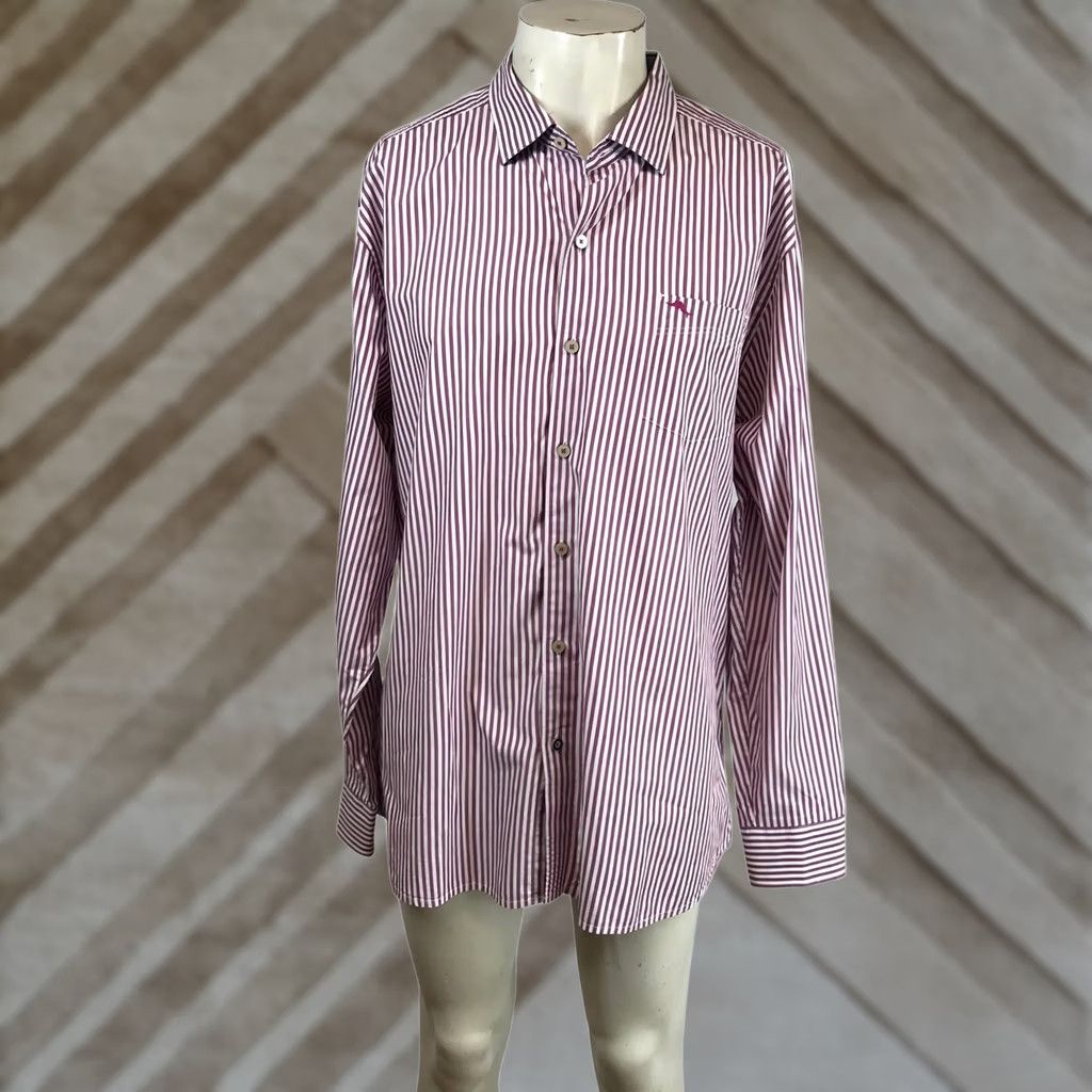 Tommy Bahama Tommy Bahama Mens XL Striped Button-Down Shirt Burgundy White 100% Pima Cotton Size US XL / EU 56 / 4 - 1 Thumbnail