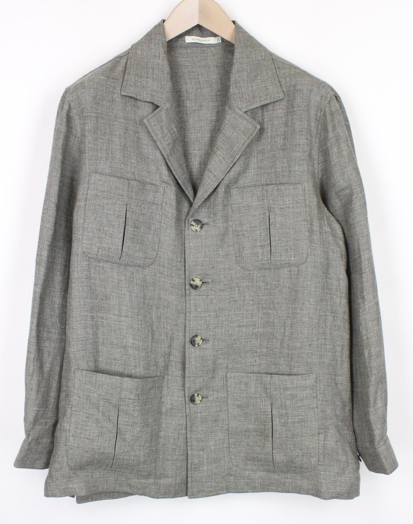 image of Suitsupply Shara Uk40R Green Slim Safari Melange Linen Jacket 70658, Men's (Size Medium)
