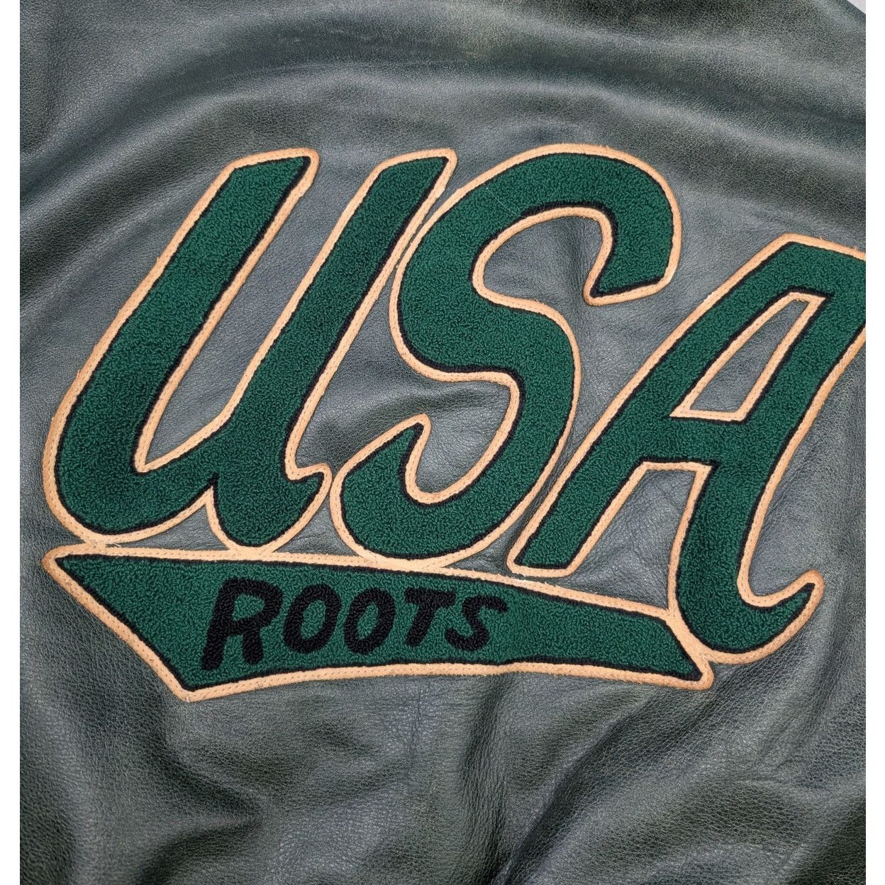 Rare Vintage Roots Sporting Goods USA Green Leather Jacket