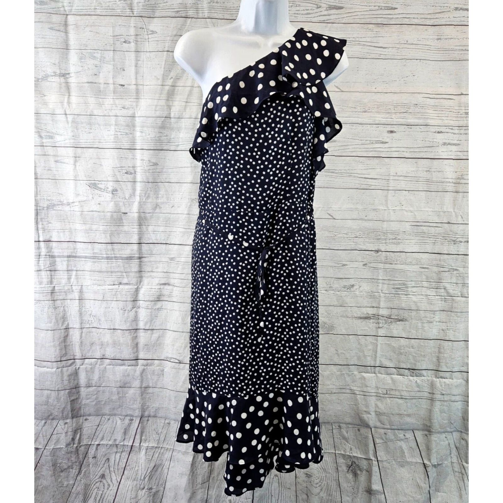 Vintage A New Day Womens Dress One Shoulder Shift Midi Polka Dot Blue White Sz L Size L / US 10 / IT 46 - 2 Thumbnail