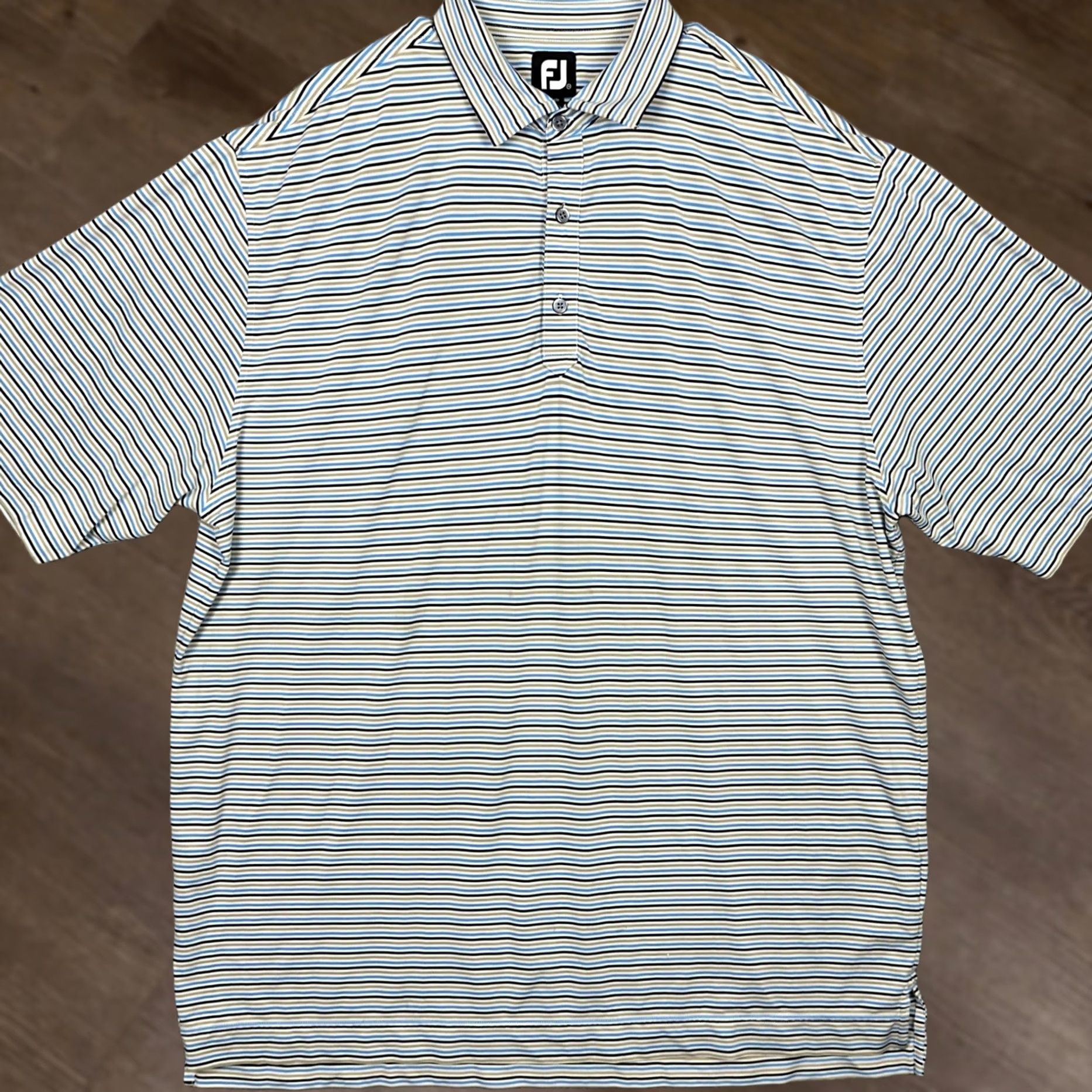 Footjoy FootJoy Polo Shirt Mens 2XL Blue Tan Golf Stripes Performance Stretch Rugby Size US XXL / EU 58 / 5 - 1 Thumbnail