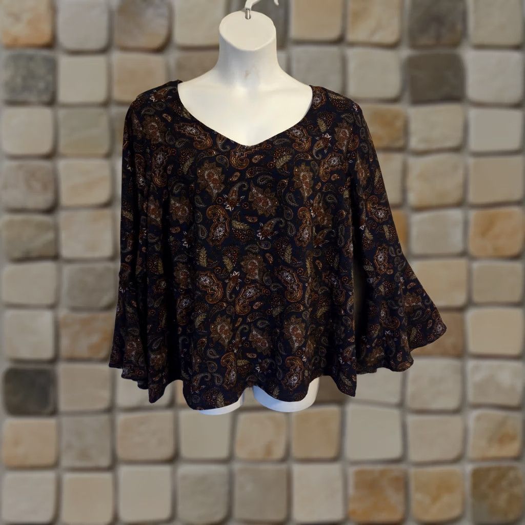 Vintage No Comment Blue Paisley Print Bell Sleeve Top 3X Plus Womens Size XXL / US 16-18 / IT 52-54 - 1 Thumbnail