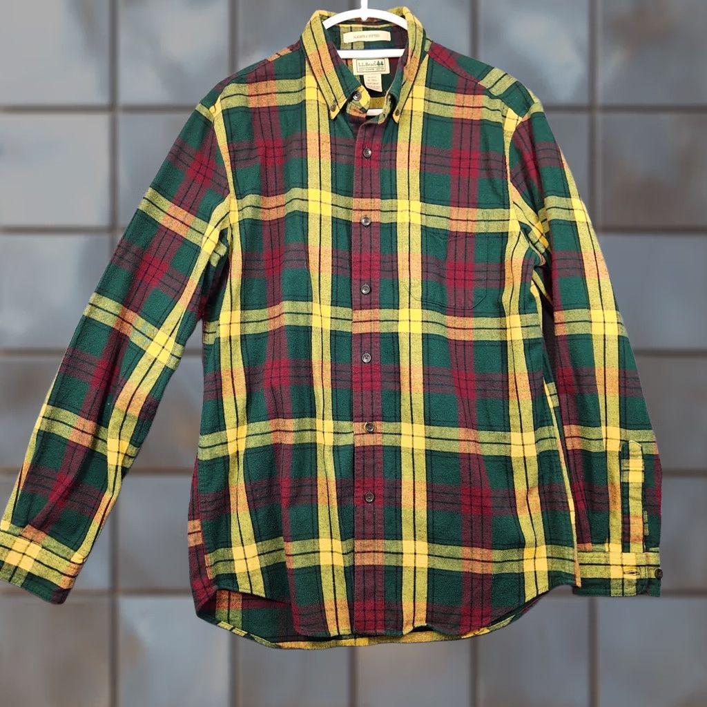 Vintage LL Bean Mens Medium Scotch Plaid Flannel Shirt Slightly Fitted Green Yellow Size US M / EU 48-50 / 2 - 1 Thumbnail