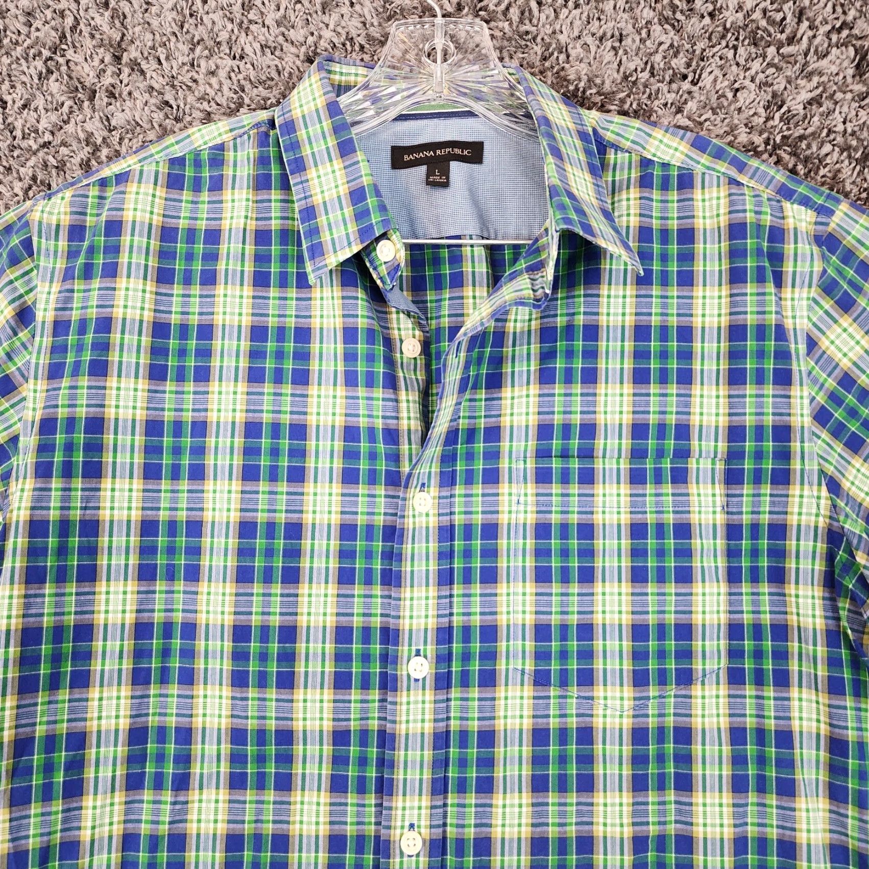 Banana Republic Banana Republic Mens Blue Green Plaid Short Sleeve Button-Up Size L Size US 33 - 4 Thumbnail
