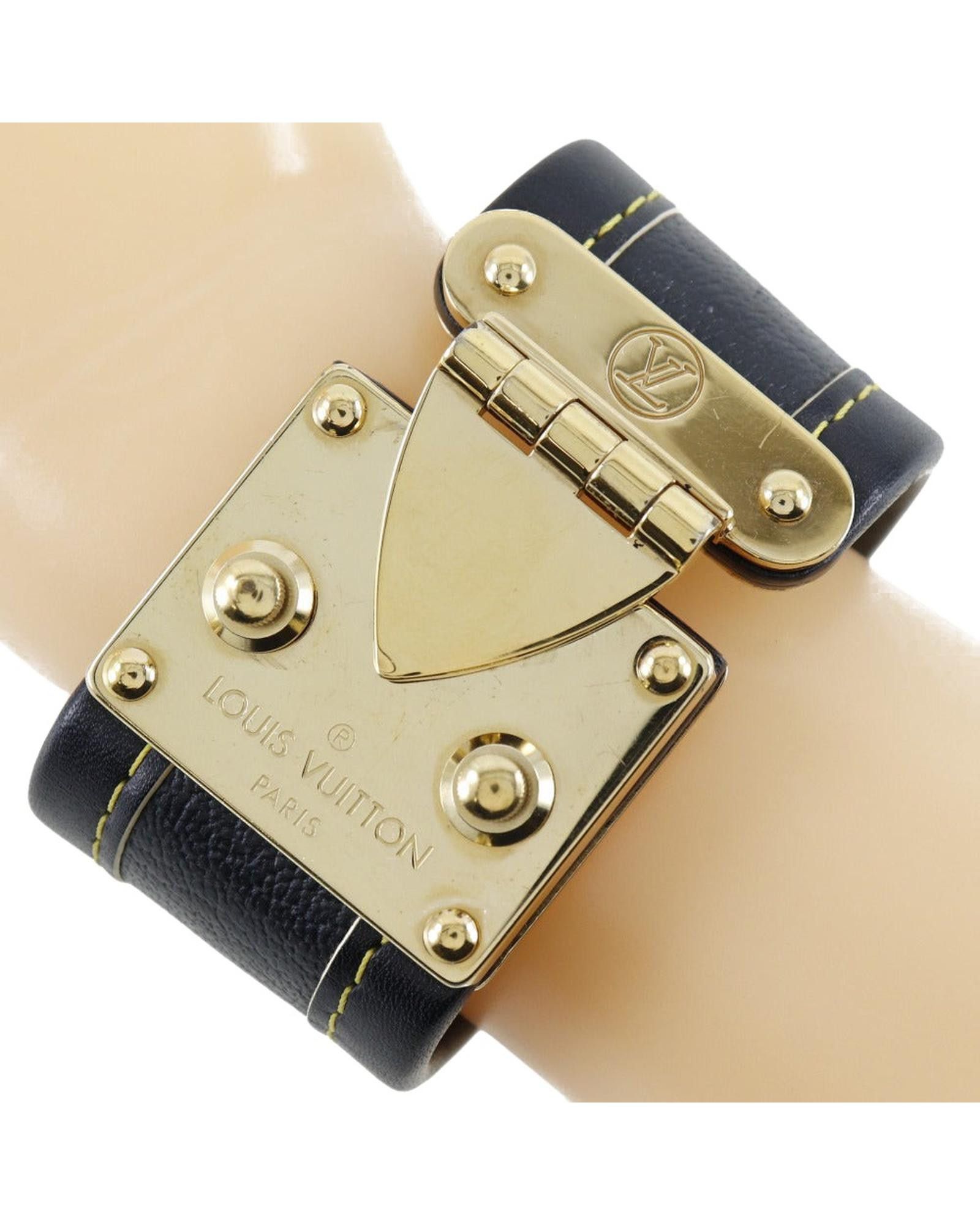 image of Louis Vuitton Stylish Black And Gold Leather Bangle, Women's