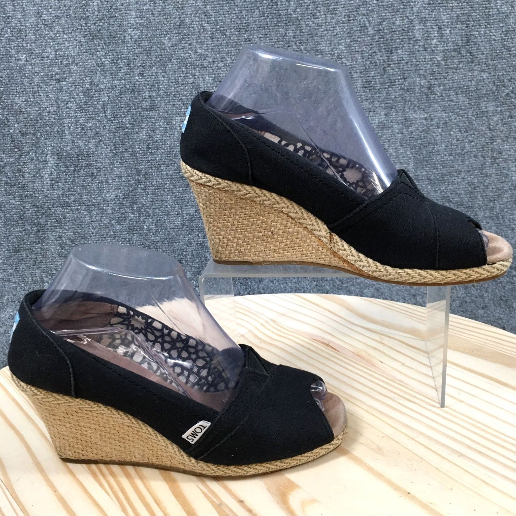 Toms TOMS Heels Womens 7.5 Calypso Peep Toe Slip On Espadrille Wedge Pumps Black Size US 8 / IT 38 - 2 Thumbnail