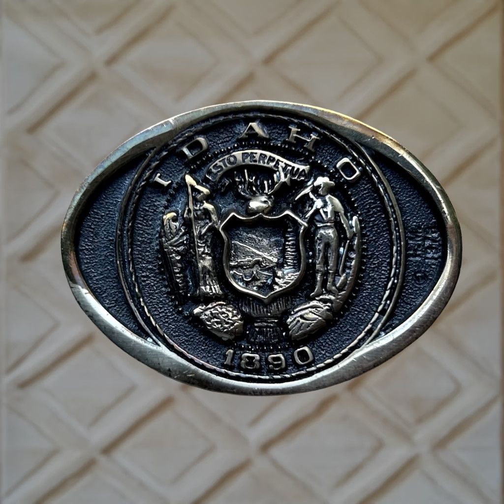 Vintage VINTAGE Idaho 1890 Brass Belt Buckle First Security Corp Esto Perpetua Belt Buckle Unisex Adult Brass 1980s Idaho State Theme Mens Womens Size ONE SIZE - 1 Thumbnail