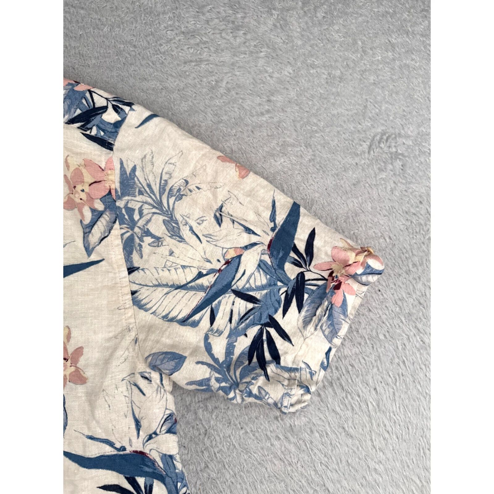 CO The Havanera Co Shirt Men Medium Gray Blue Hawaiian Floral Button Up Linen Blend Size US M / EU 48-50 / 2 - 2 Thumbnail