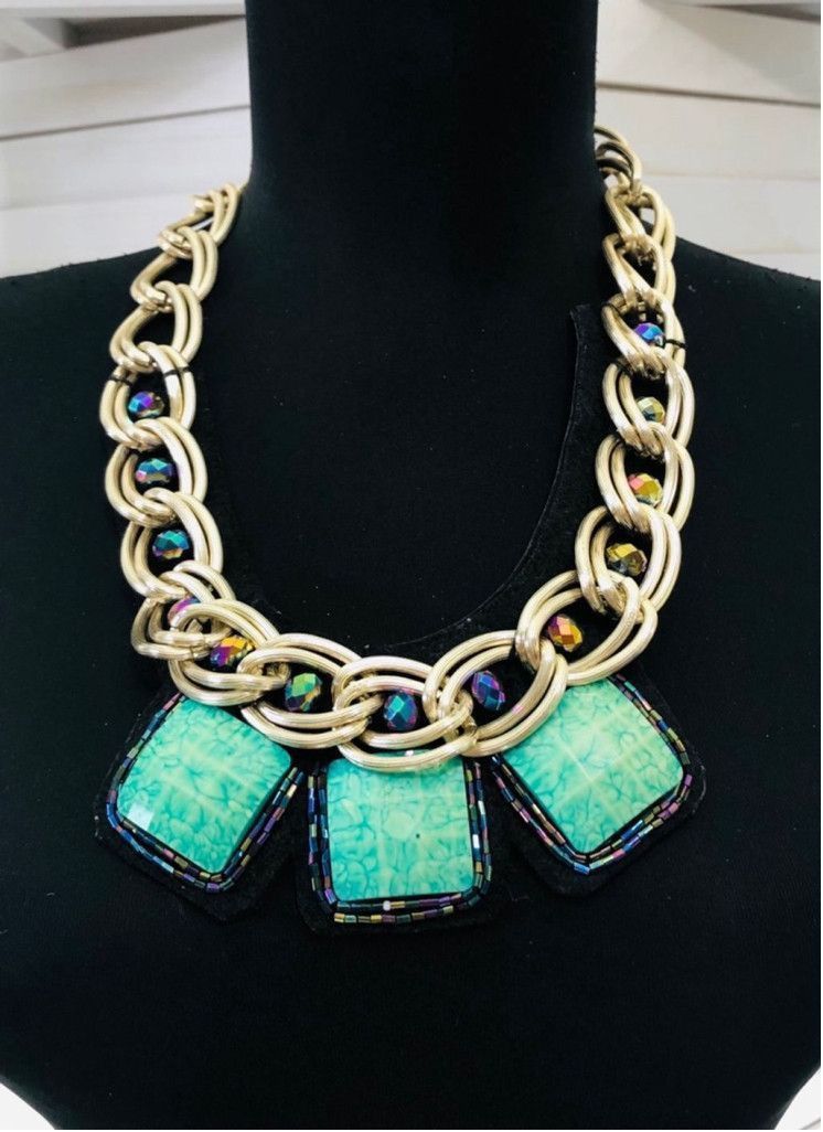 Vintage Pendants Choker Chunky Bib Necklace Turquoise Gold Earrings Size ONE SIZE - 2 Thumbnail