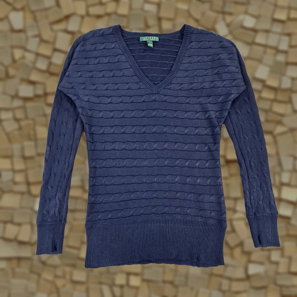 Ralph Lauren Lauren Ralph Lauren Jumper Womens V-Neck Cable-Knit Cotton Pullover Navy Medium Red Accent Logo Embroidered Casual Pullover Mens Womens Boys Girls Size M / US 6-8 / IT 42-44 - 1 Thumbnail