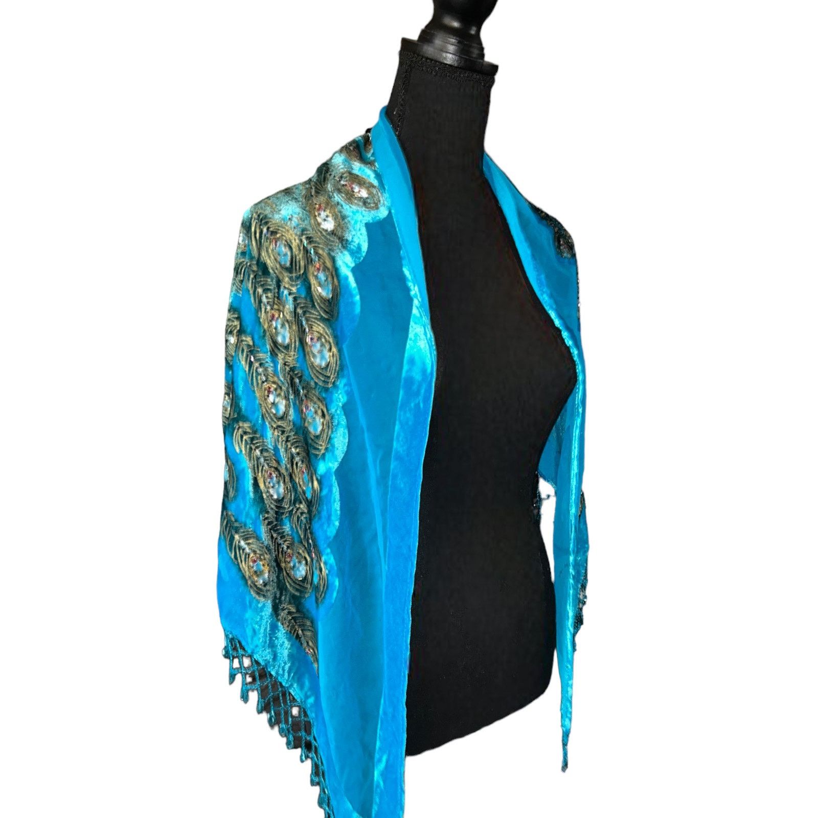 Other Stunning Kirks Folly Beaded Triangular 90% Silk Peacock Wrap Size ONE SIZE - 2 Thumbnail