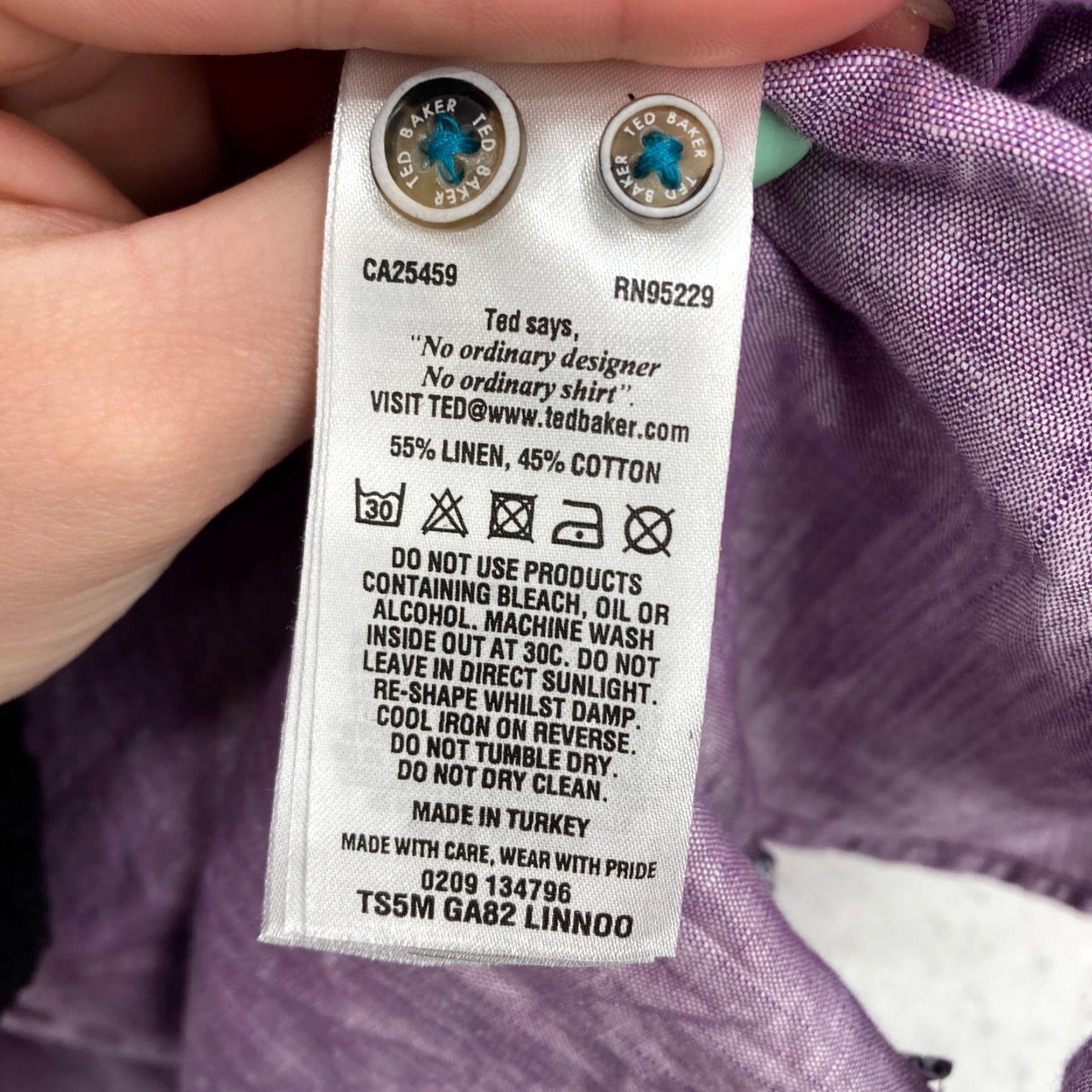 Ted Baker Ted Baker London Button Front Shirt Mens Sz 4 Purple Linen Contrast Cuff Roll Up Shirt Size US S / EU 44-46 / 1 - 6 Thumbnail