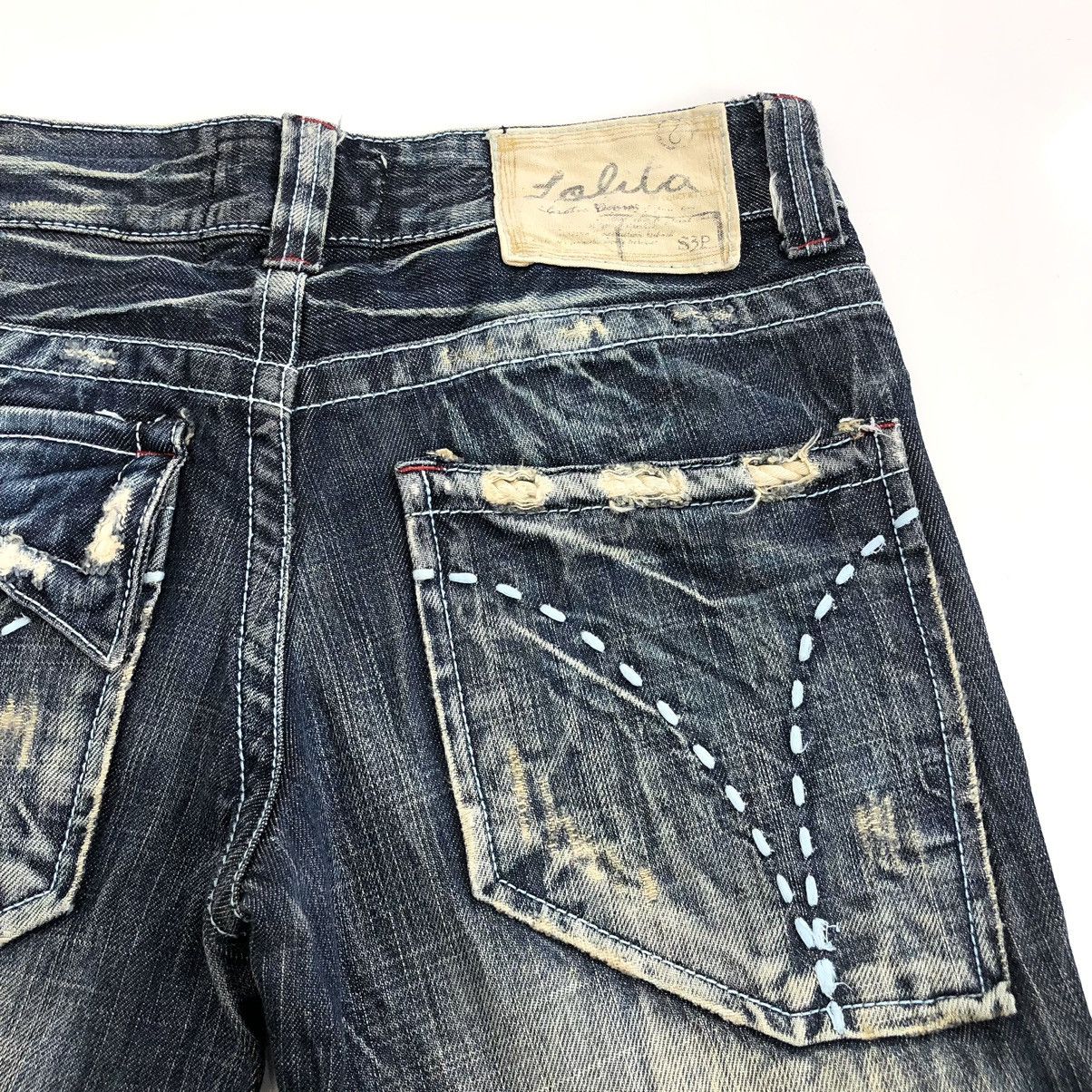 If Six Was Nine × Le Grande Bleu (L.G.B.) × Vintage Vintage Lolita Exotic Flared Jeans Distressed Faded Denim Size US 27 - 16 Thumbnail