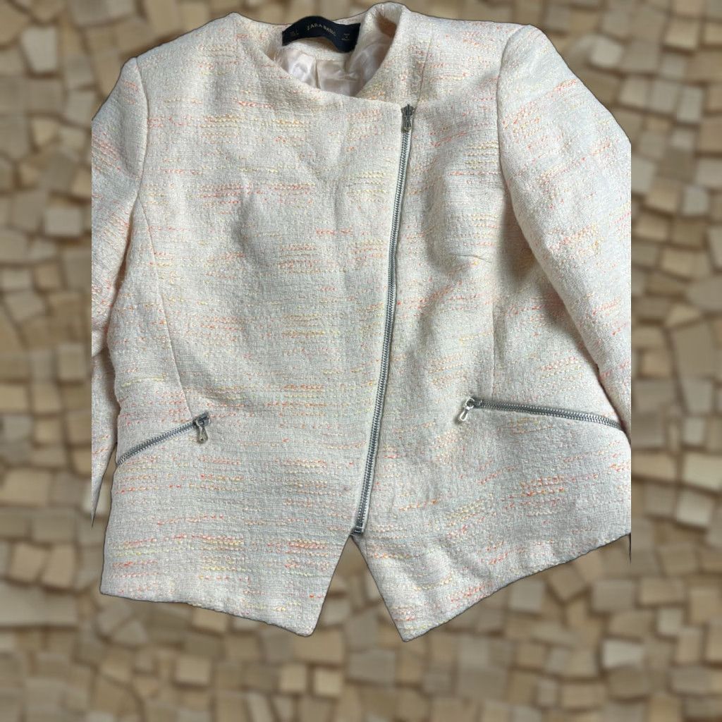 Zara Zara Jacket Women's Size L Casual Travel Cotton Blend Zip Asymmetrical Neck Yellow Cream Neon Orange Yellow Regular Long Sleeve Jacket Size L / US 10 / IT 46 - 1 Thumbnail