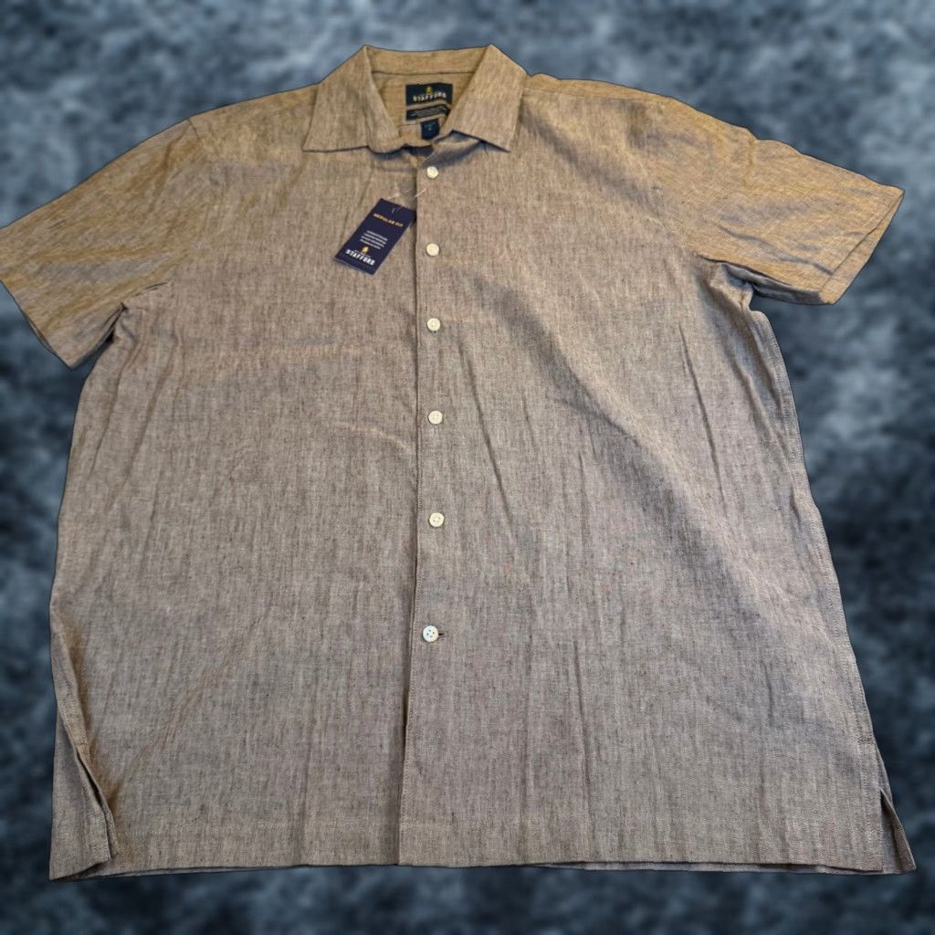Stafford Stafford Shirt Linen Blend Button-Up Short Sleeve Brown Mens Large NWT Size US L / EU 52-54 / 3 - 1 Thumbnail