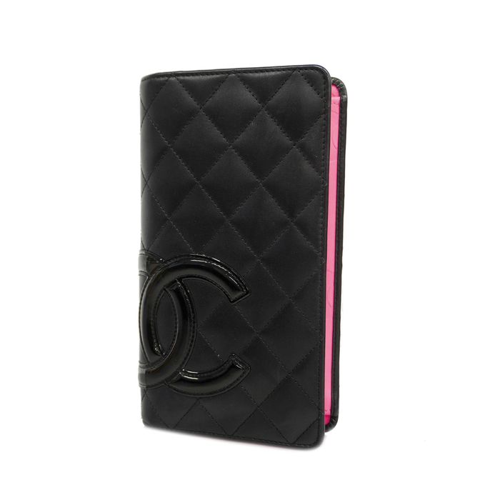Chanel Auth Chanel Cambon Long Wallet Silver Metal Fittings Lambskin  Black,Pink