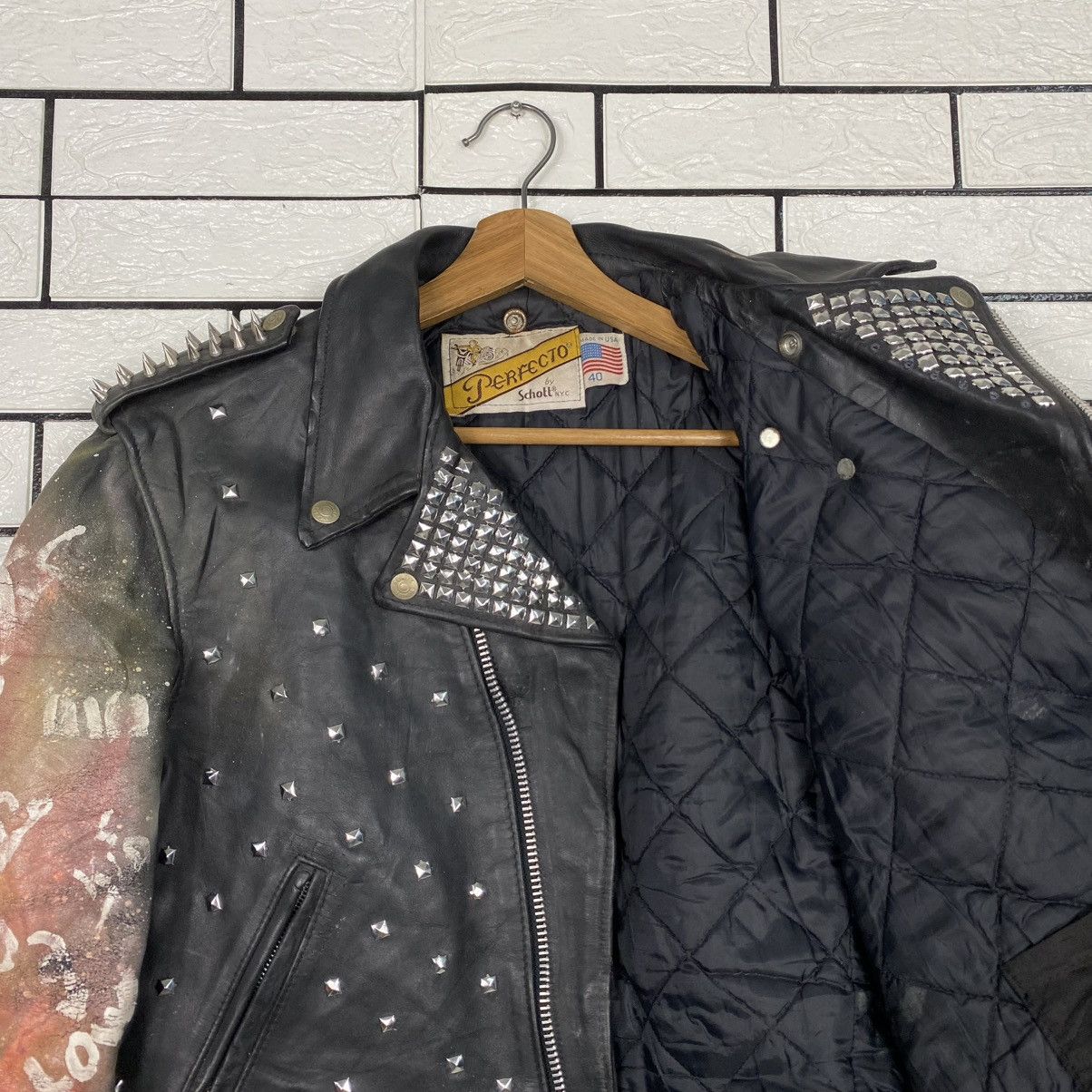 Schott 🔥VINTAGE LEATHER JACKET SCHOTT PERFECTO DOUBLE COLLAR PUNK Size US M / EU 48-50 / 2 - 19 Thumbnail