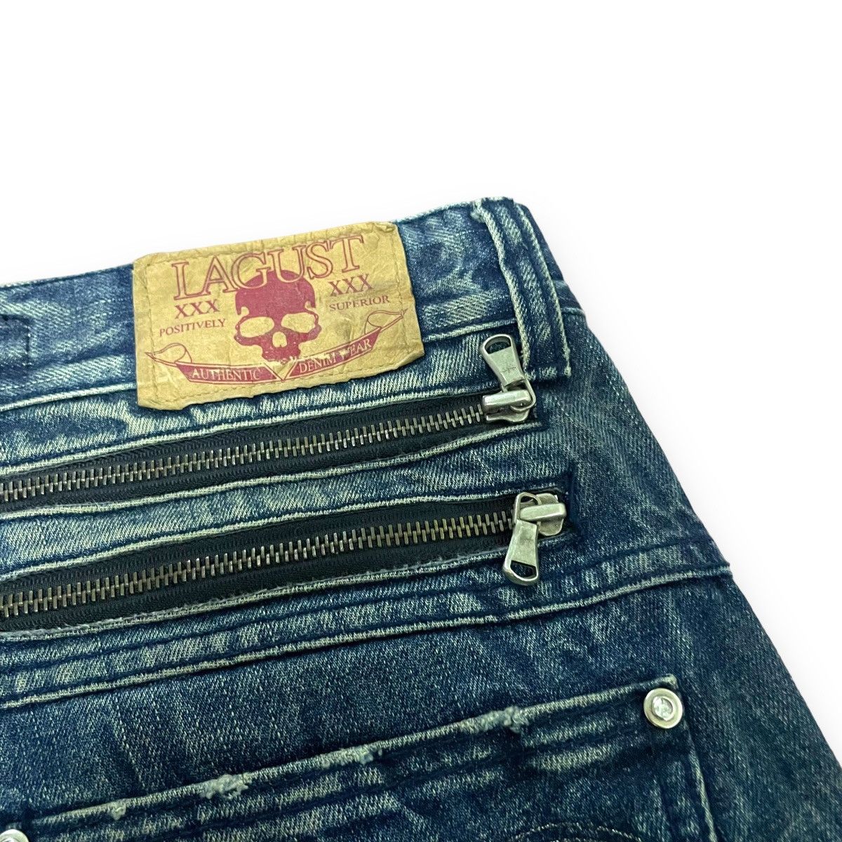If Six Was Nine × Japanese Brand × Le Grande Bleu (L.G.B.) 🇯🇵☠️ LAGUST WASHED SKULL FLARE DENIM PANTS Size US 31 - 12 Thumbnail
