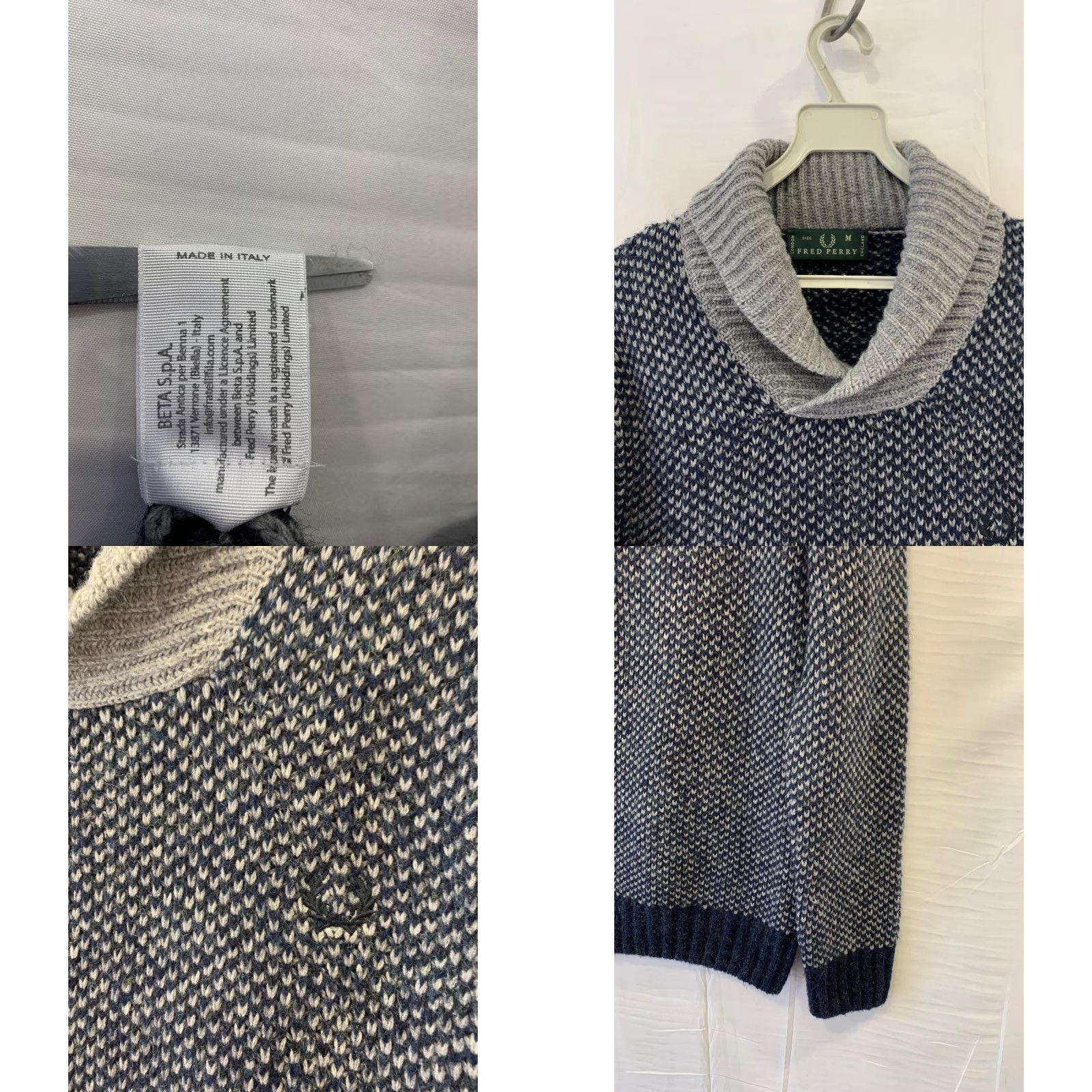 Fred Perry VINTAGE Fred Perry Shawl Collar Knit Sweater Mens M Blue Gray Textured Wool Blend #157 Size US M / EU 48-50 / 2 - 8 Thumbnail