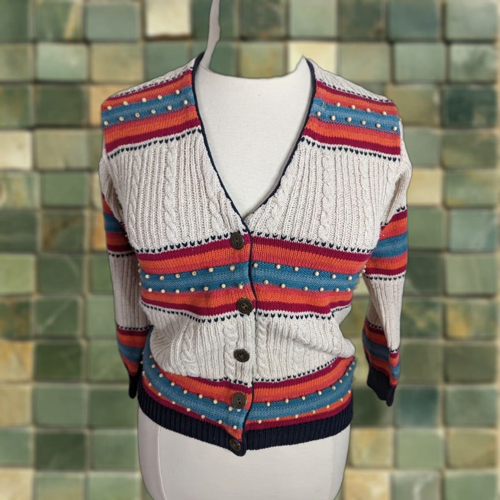 Vintage **Vintage Y2K Striped Women's Cable Knit Wool Cardigan Petite Large PL** User: Vintage Y2K Striped Women's Cable Knit Wool Cardigan Petite Large PL Size L / US 10 / IT 46 - 1 Thumbnail