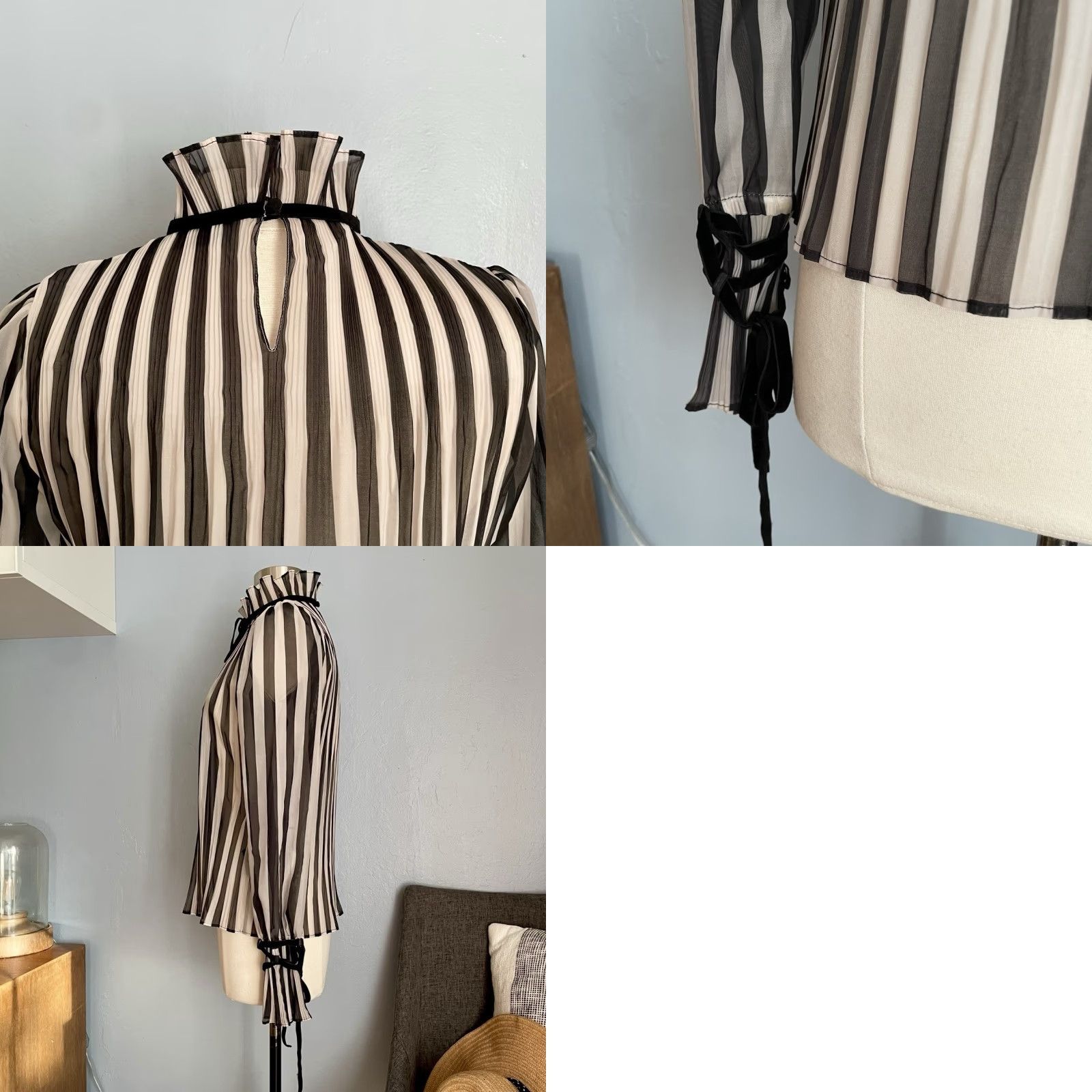 Vintage Momoshero Striped Blouse Shirt Women XS Semi-Sheer Black White High Neck Long Sleeve Velvet Ribbon Tie Size XS / US 0-2 / IT 36-38 - 8 Thumbnail
