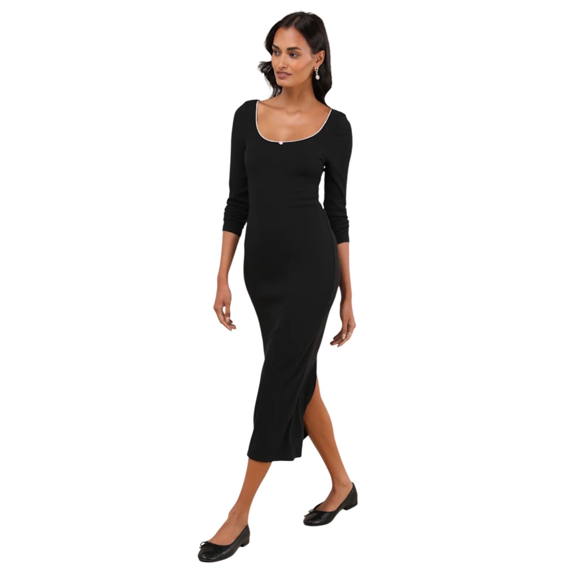 Lulus Lulus Ribbed Long Sleeve Black Midi Dress Size Medium NWT Size M / US 6-8 / IT 42-44 - 1 Thumbnail