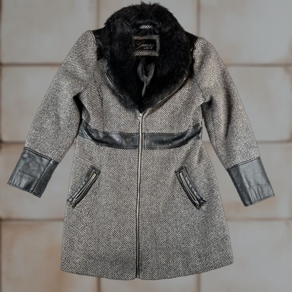 VINTAGE GUESS Coat Houndstooth Wool Blend Overcoat Womens XL Faux Fur Collar Multicolor Button Zipper Classic 90s Designer Streetwear