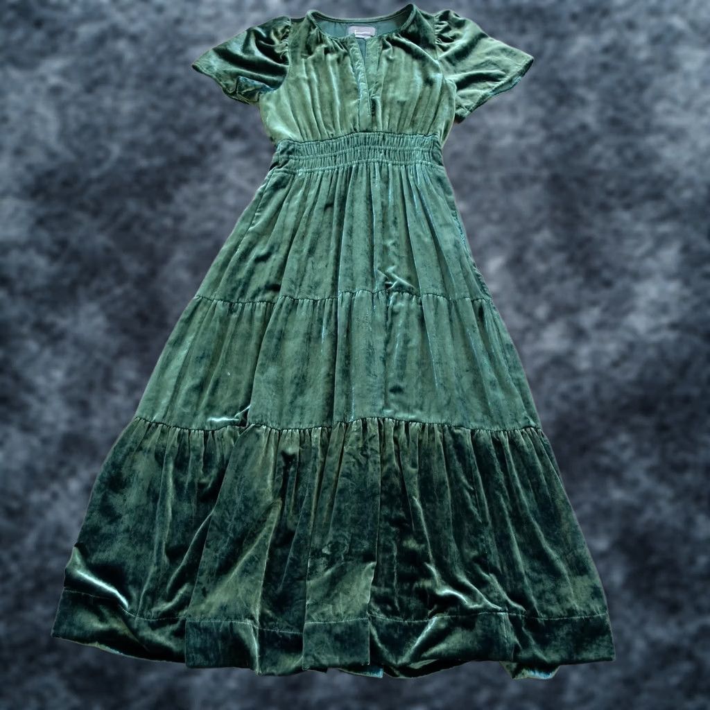 Anthropologie VINTAGE? No. Since not vintage, skip. Anthropologie Dress Womens Medium Green Velvet Maxi Puff Sleeve Pockets Formal Size M / US 6-8 / IT 42-44 - 1 Thumbnail