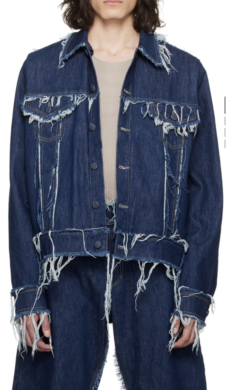 Bianca Saunders Blue Clash of Clans Edition Frayed Stripe Denim Jacket Size US XL / EU 56 / 4 - 1 Thumbnail