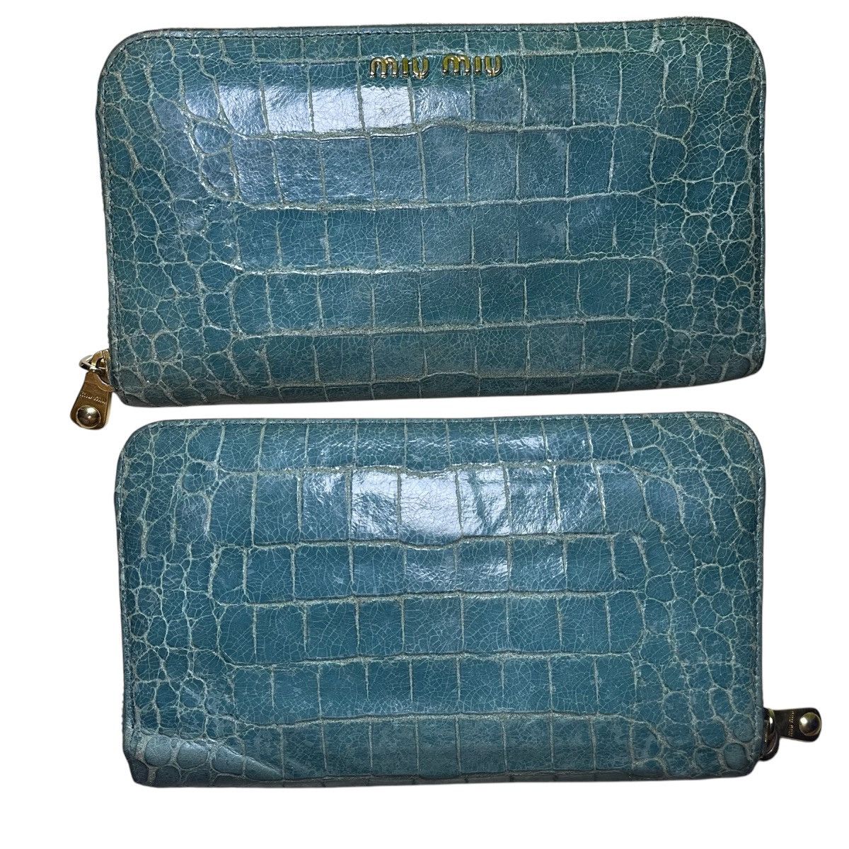 Miu Miu Miu Miu Blue Croc Embossed Leather Zip Around Wallet Size ONE SIZE - 1 Thumbnail