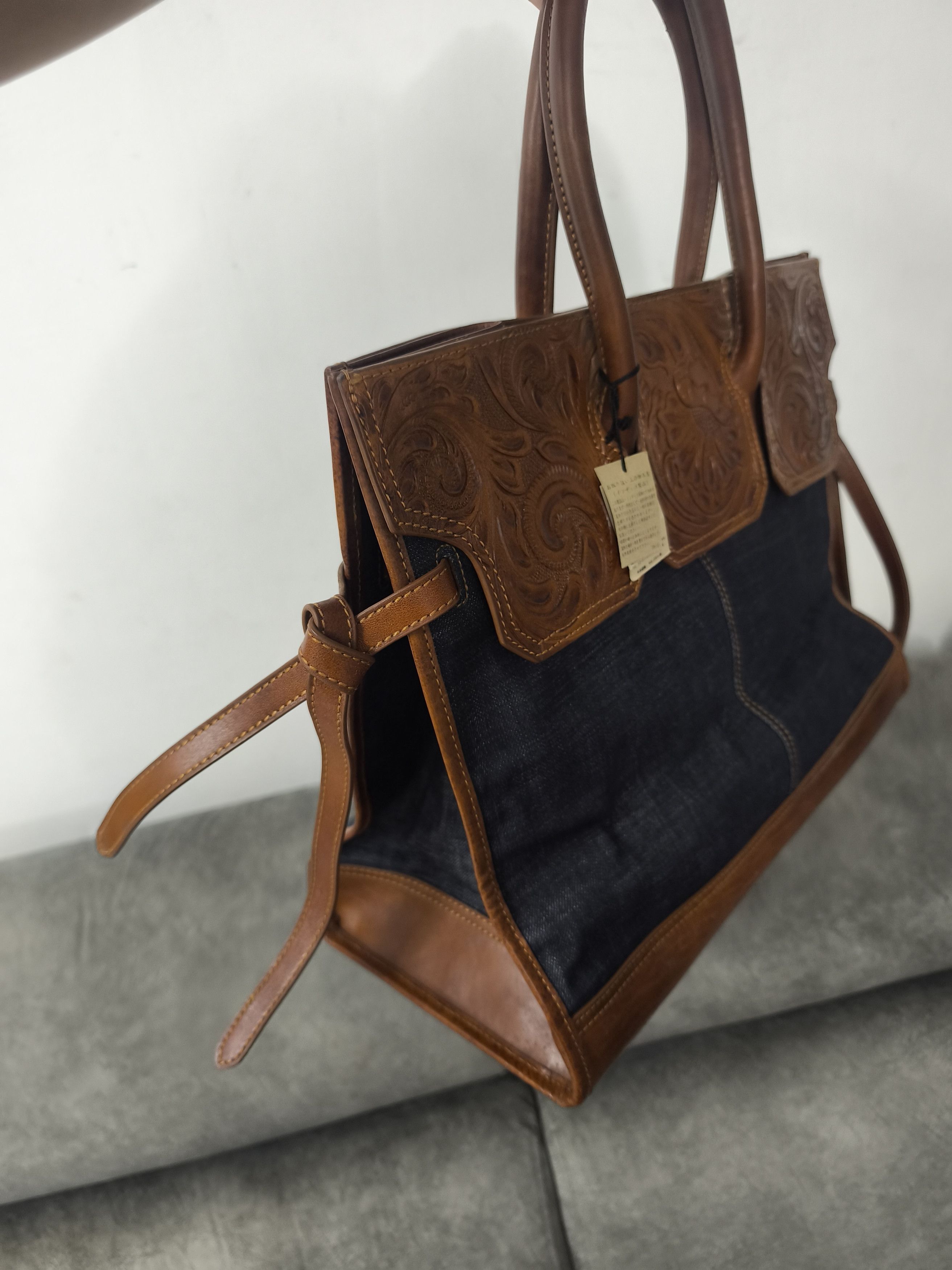 Japanese Brand Goa Carved Denim Bag Inspired Birkin Hermes Size ONE SIZE - 10 Thumbnail