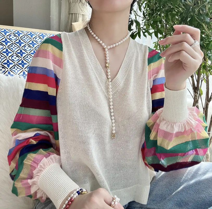 Chanel Chanel Multicolor Striped V-Neck Long Sleeve Sweater 0089 Size S / US 4 / IT 40 - 1 Thumbnail