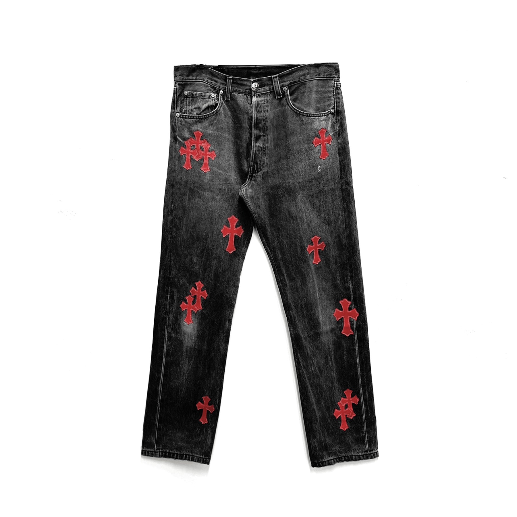 Chrome Hearts Chrome Hearts Grey Black & Red Cross Patch Jeans