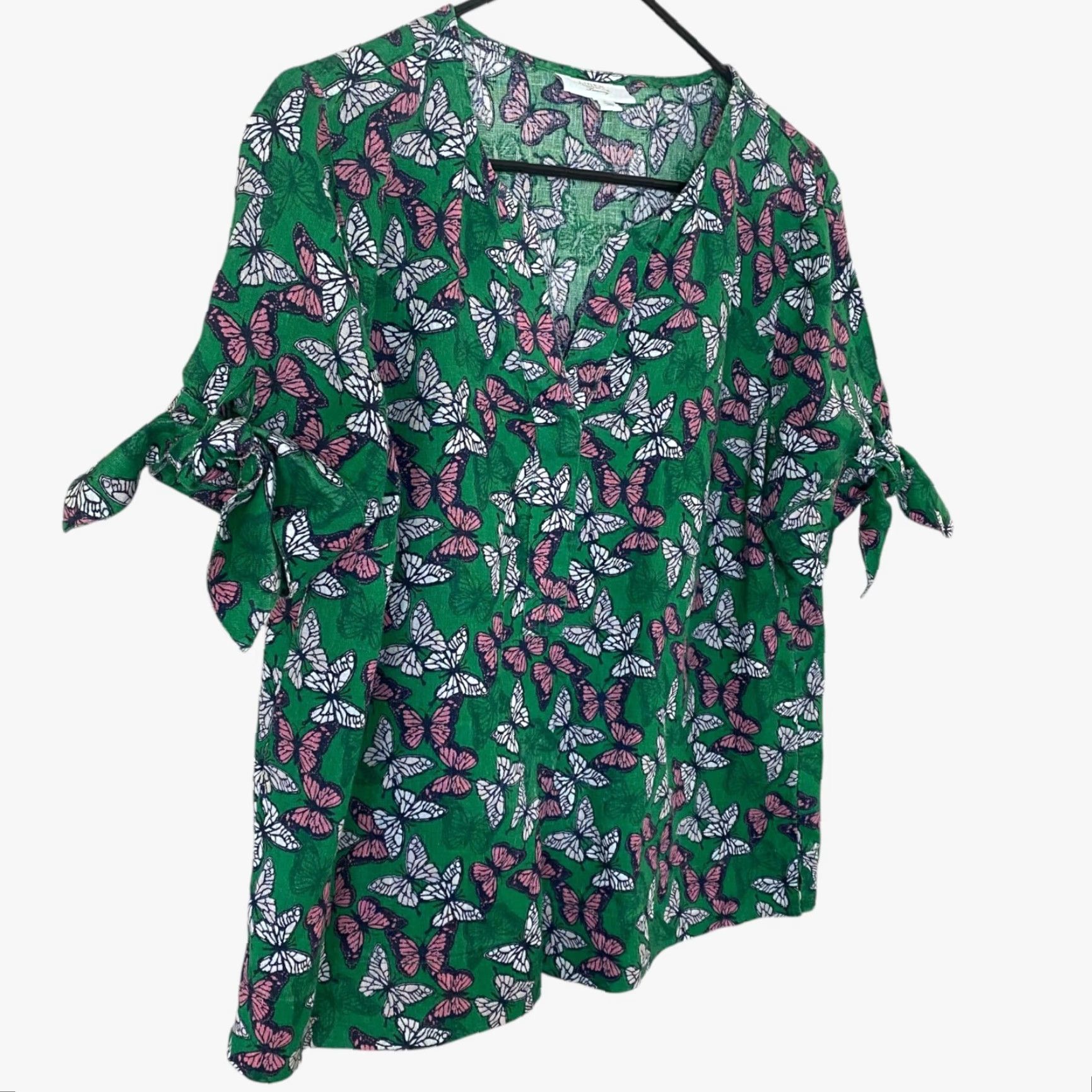 Charter Club VINTAGE Charter Club Linen Butterfly-Print Tie-Sleeve Top Green Women's Size Medium Size M / US 6-8 / IT 42-44 - 3 Thumbnail