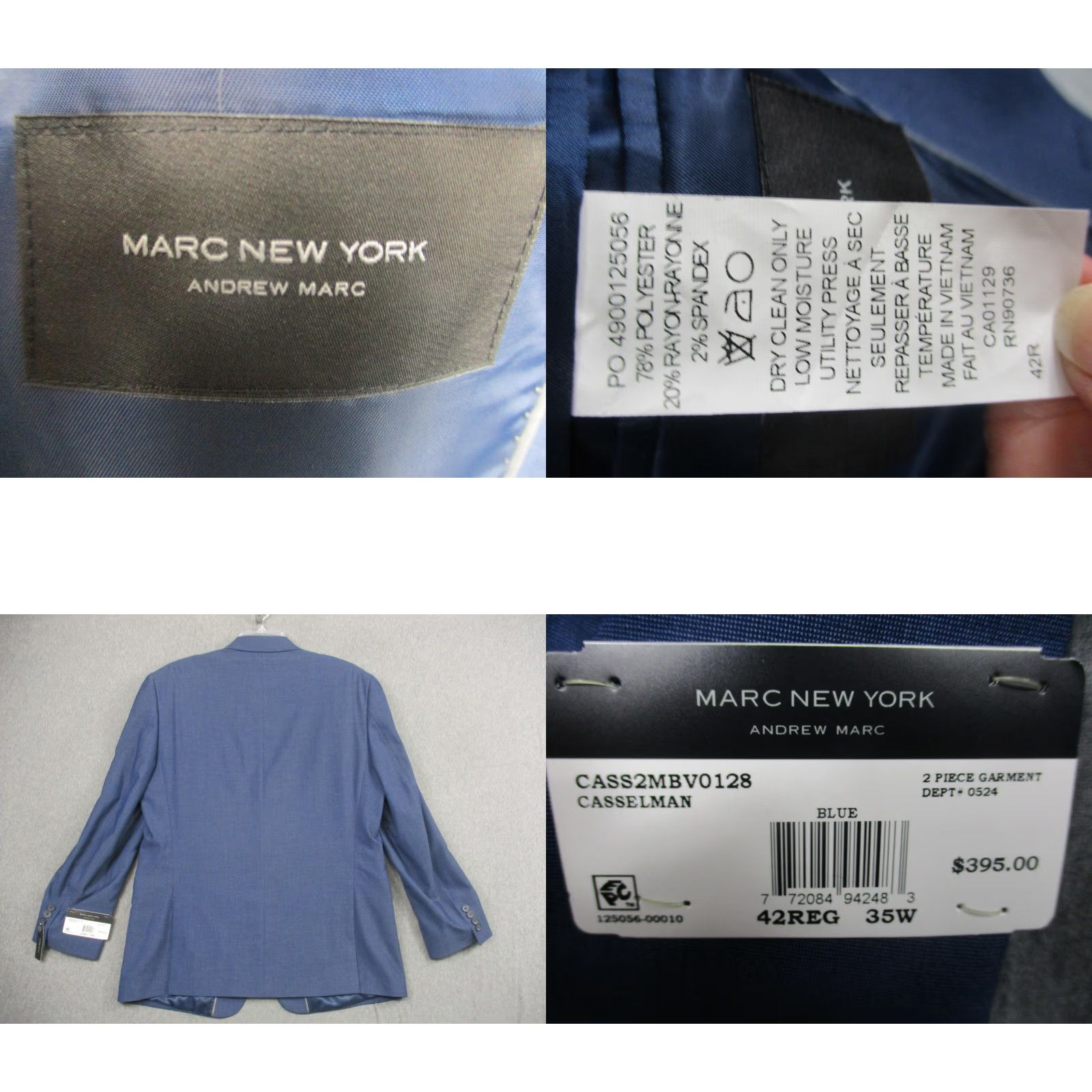 Vintage Marc New York Andrew Marc Blazer Mens 42R Casselman Blue Stretch Suit Jacket 2 Piece Notch Lapel Two-Button Casual Formal Business Size 42R - 9 Thumbnail