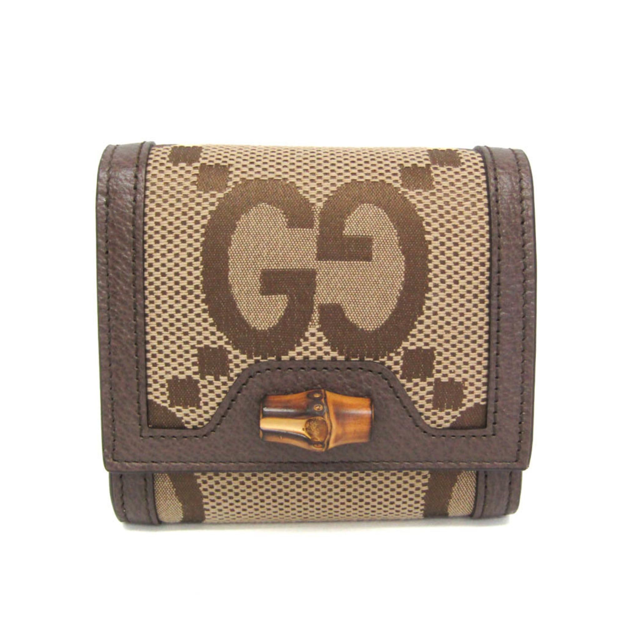 Gucci Bamboo Diana Jumbo GG 658635 Women's CanvasLeather Wallet (bi-fold) BeigeBrown
