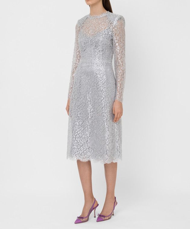 Dolce & Gabbana o1y0825 Midi Dress in Silver Size L / US 10 / IT 46 - 3 Thumbnail